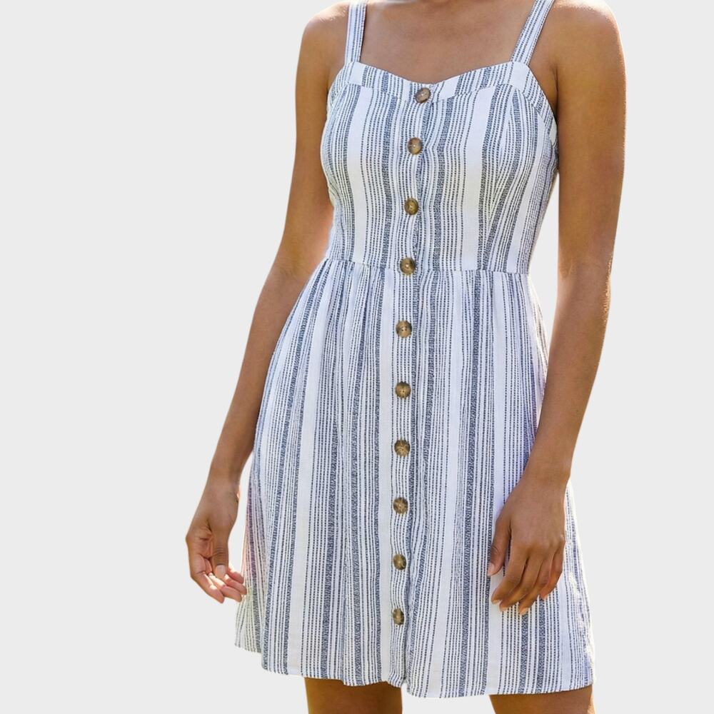 LOFT Womens Size 4 Dress Button Front Sleeveless Rayon Cotton White Blue Stripe